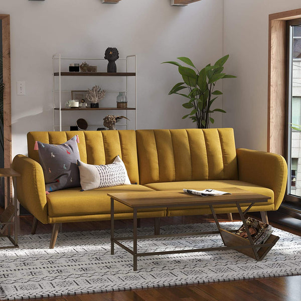 Upholstered Sofa Futon with Wood Legs, Mustard