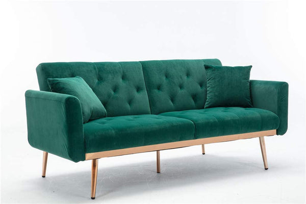 Velvet Fabric Convertible Futon Sofa Bed, Mid Century Modern, 68" , Green