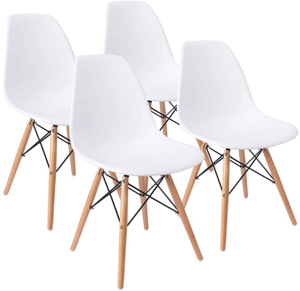 Plastic Dining Room Chairs with Wood Base, Mid Century Modern, Set of 4, White