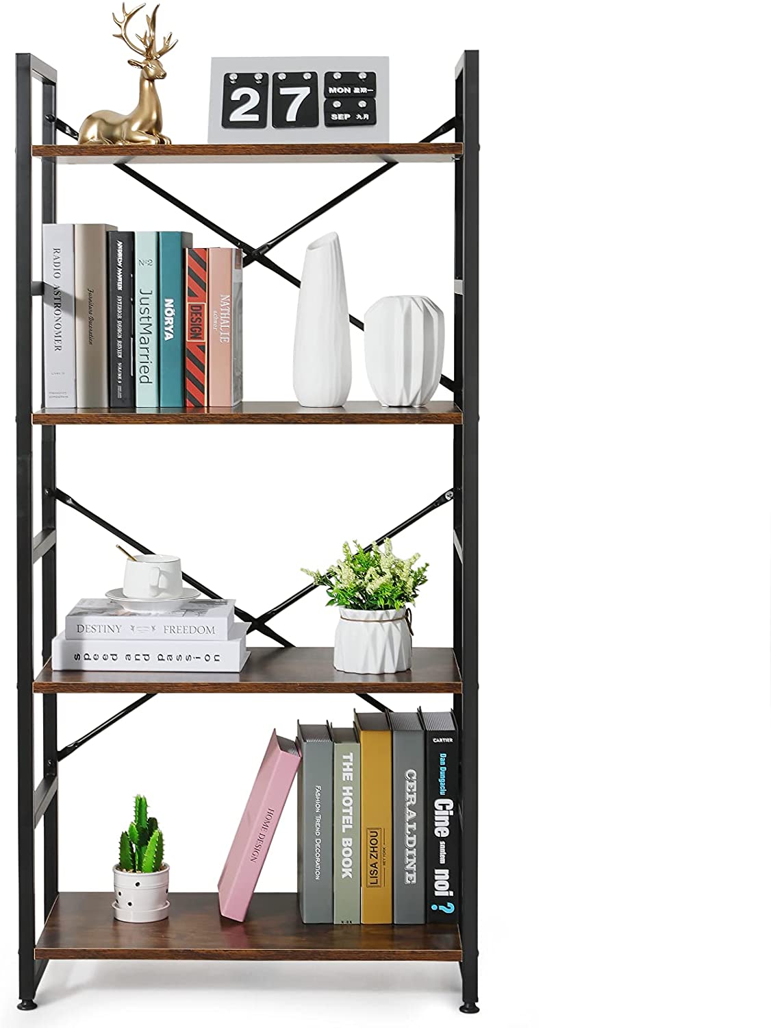 4 Tier Wood Bookcase, Industrial Modern, Brown/Black