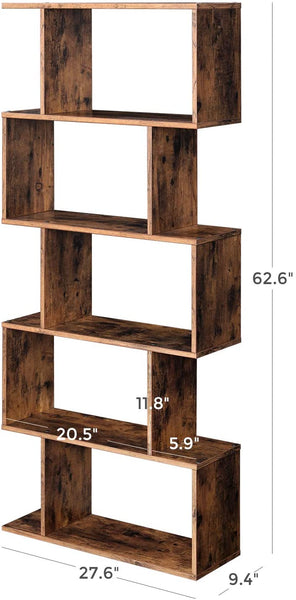 Wood Bookcase, 5 Tier , Rustic, Brown