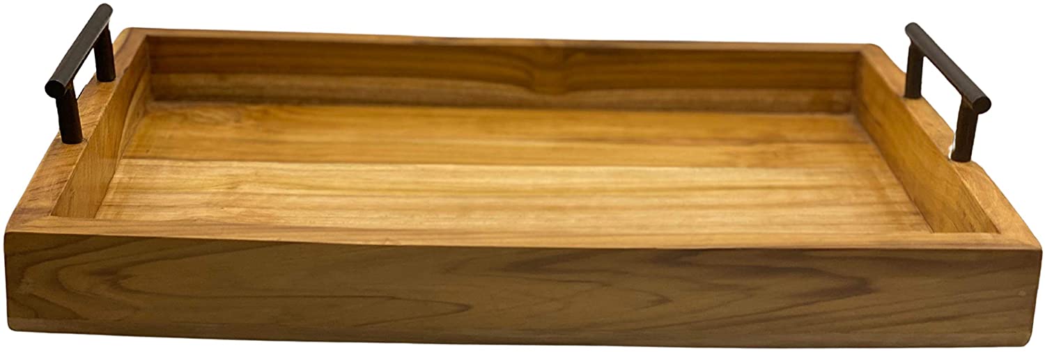 Teak Wood Tray with Metal Handles, Mid Century Modern
