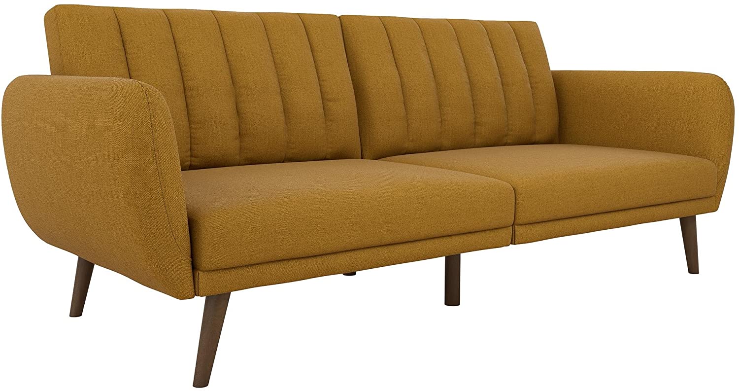 Upholstered Sofa Futon with Wood Legs, Mustard